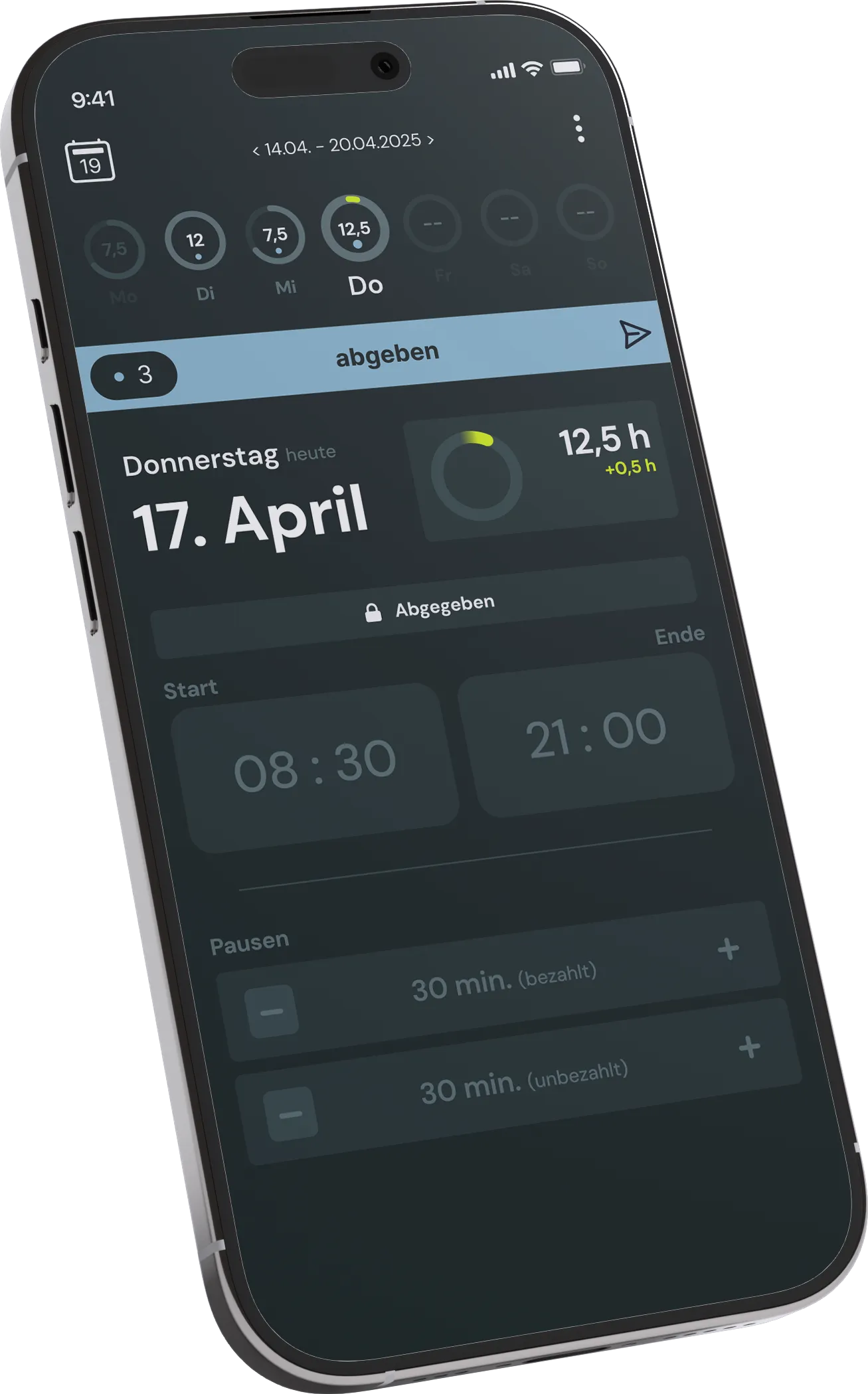 Die crewser App auf dem Handy: die Woche der Crew, der heutige Tag abgegeben